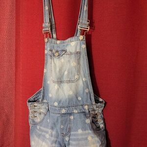 Blue Denim Overalls with White Floral Pattern